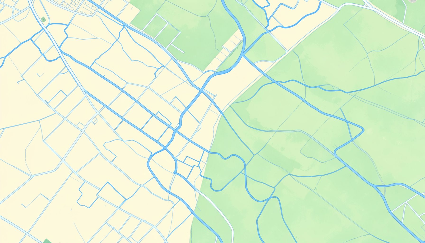 A detailed canal map with blue waterway lines winding through green countryside, soft cream and pale green tones, calm and informative mood