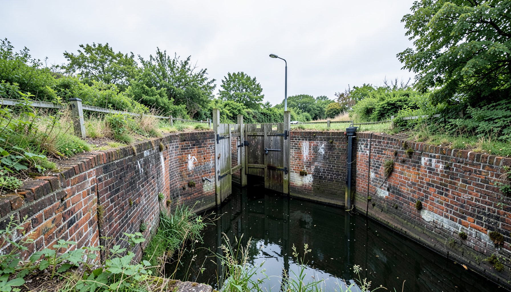 A peaceful canal lock with weathered brick walls and wooden gates, surrounded by wild greenery under a pale overcast sky
