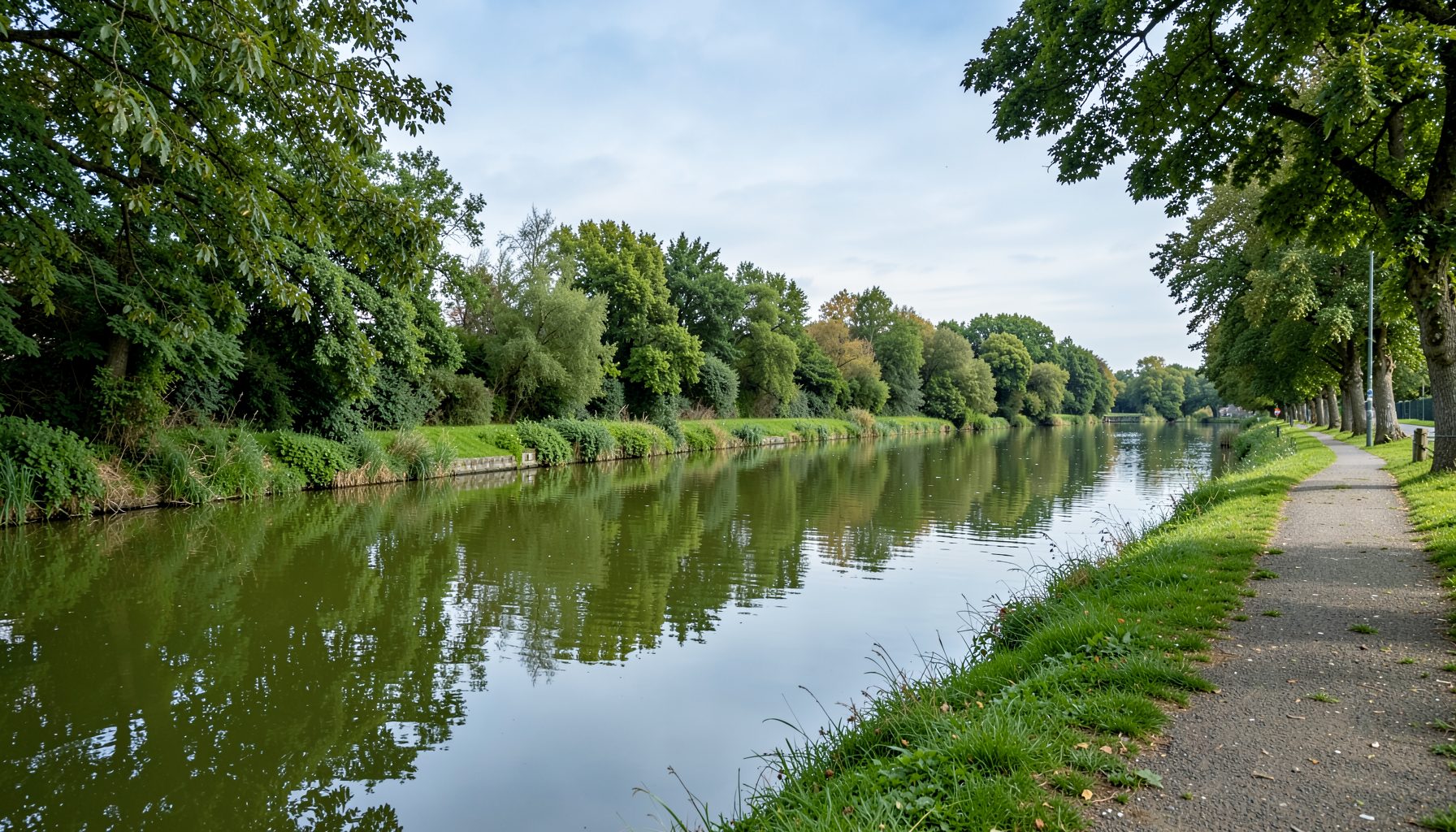 A tranquil stretch of the Grantham Canal on a calm day, with still green-brown water reflecting overhanging trees and a grassy towpath running alongside, under a soft grey-blue sky.