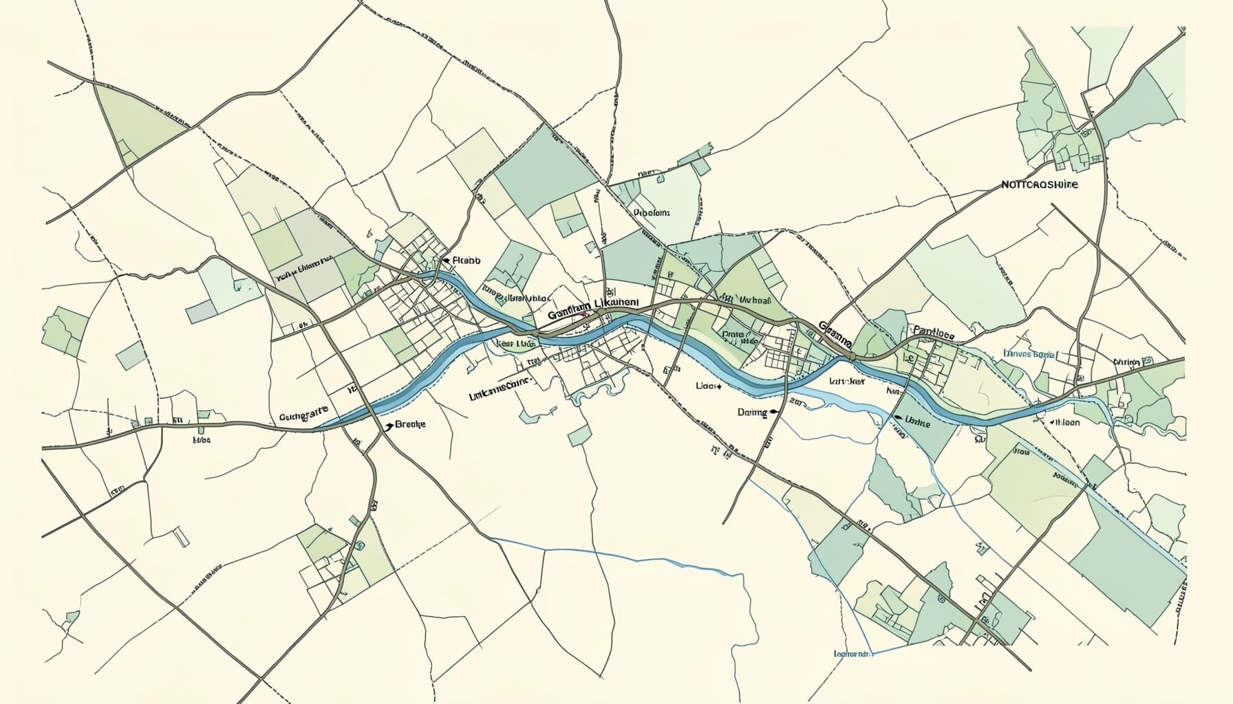A detailed line map of the Grantham Canal winding through rural Lincolnshire and Nottinghamshire countryside, with marked locks, bridges, and villages along the route, rendered in muted greens, blues, and earth tones on a light cream background.